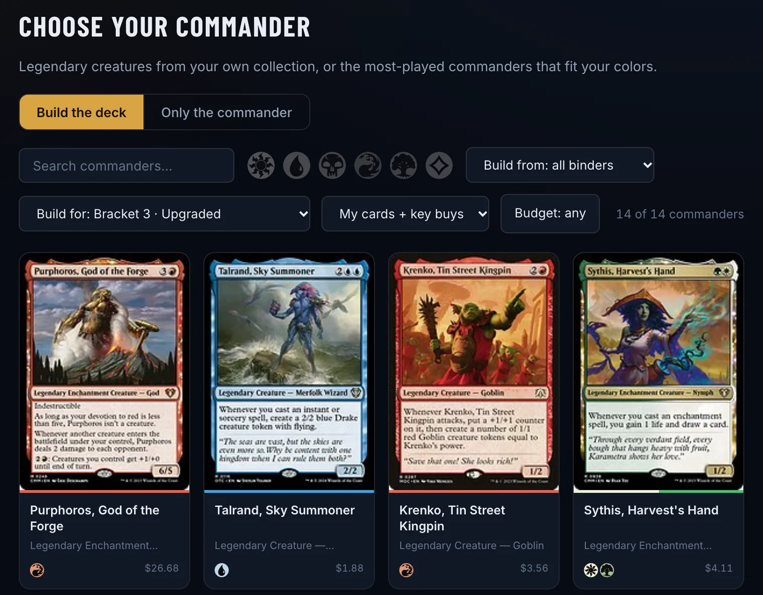 The Choose your commander screen in Commandarium: build options and the first four of 14 commanders from an example collection