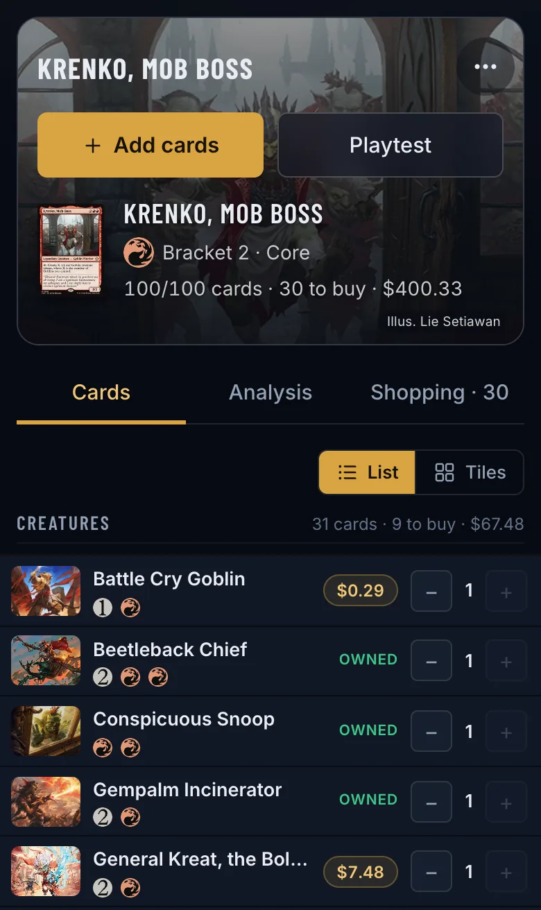 A Krenko, Mob Boss deck in Commandarium: 100 of 100 cards, 30 to buy; owned cards are marked Owned, missing ones show a price