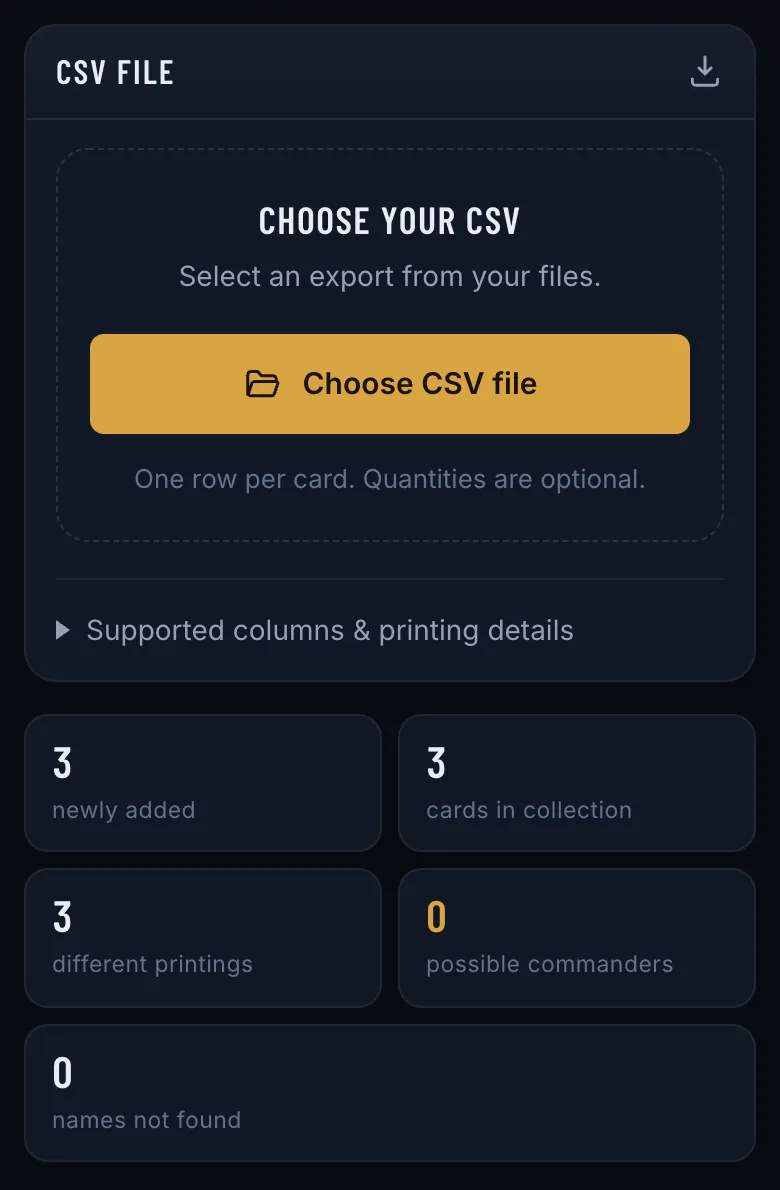 Commandarium import screen after the example file: 3 newly added, 3 cards in collection, 3 different printings, 0 names not found