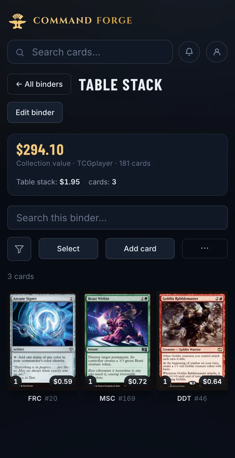 A Commandarium binder named Table stack holding the three scanned cards with their prices